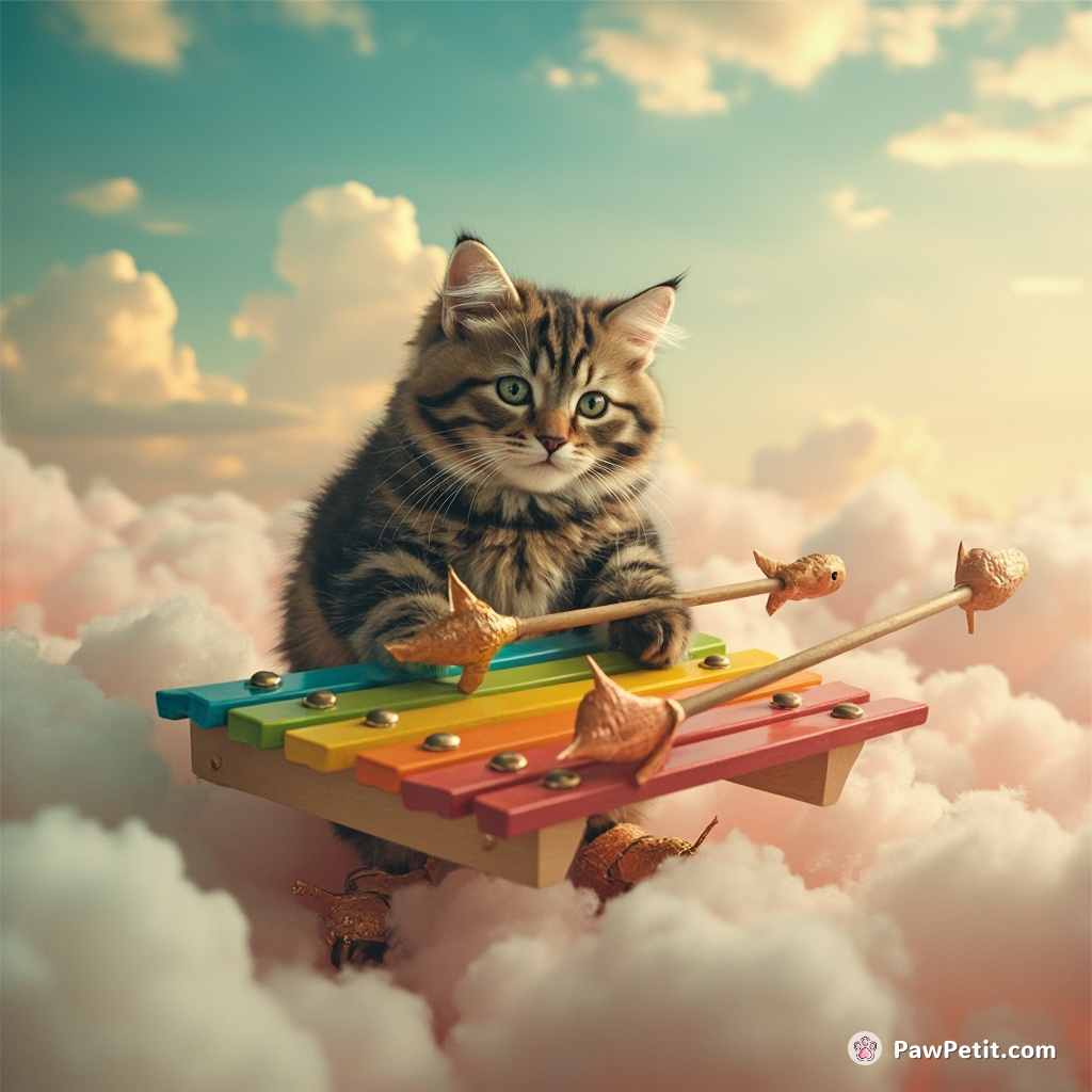 Cat playing a rainbow xylophone with fish-shaped mallets on a floating cloudscape while wearing elf shoes.