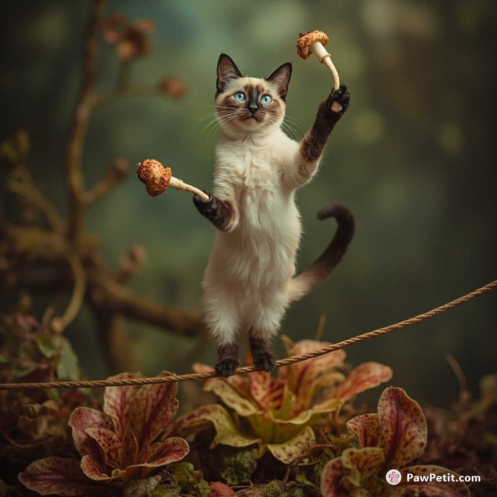 A cat circus acrobat juggling oyster mushrooms on a tightrope above carnivorous plants in an enchanted forest.