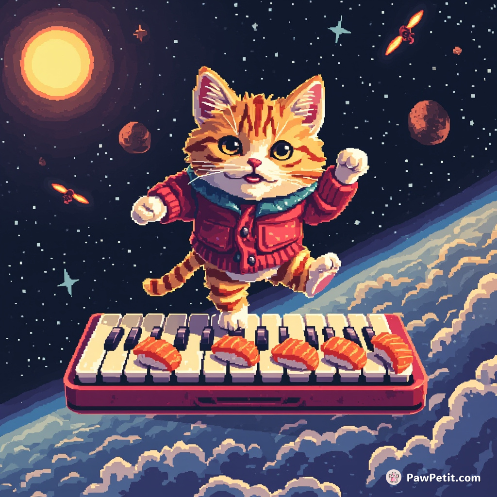 Cat moonwalking on a keyboard made of sushi in zero gravity.