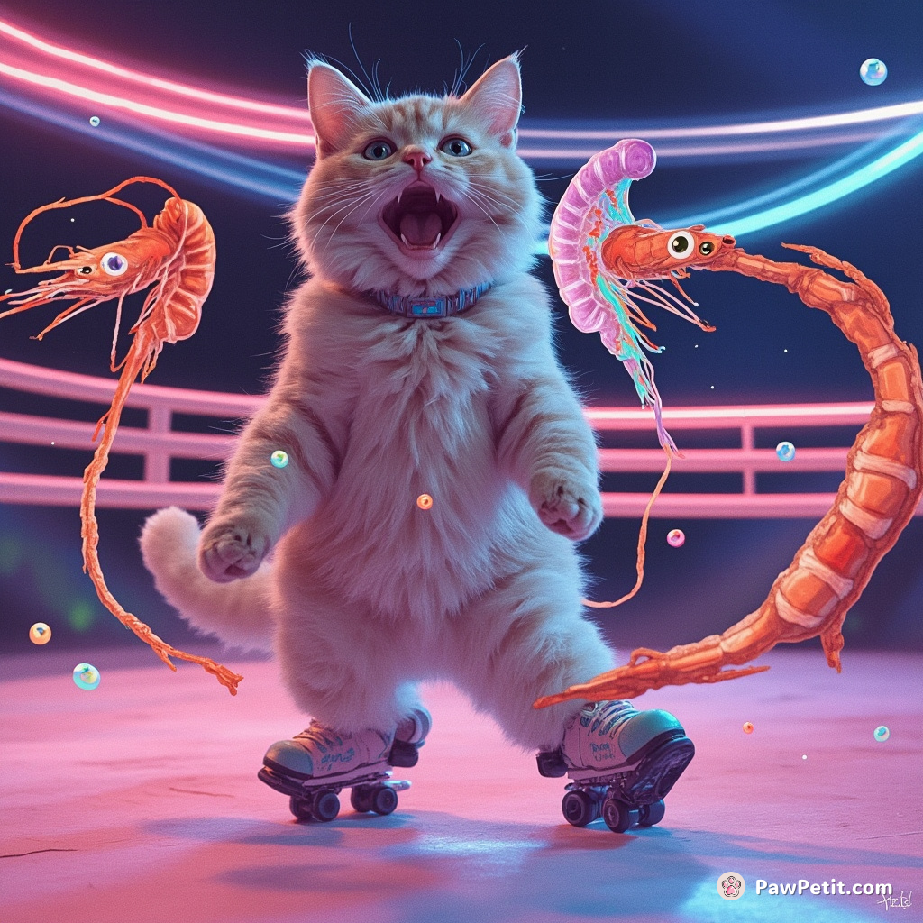 Cat engaged in a galactic breakdance battle with multi-colored shrimp in a neon-glowing retro roller rink.