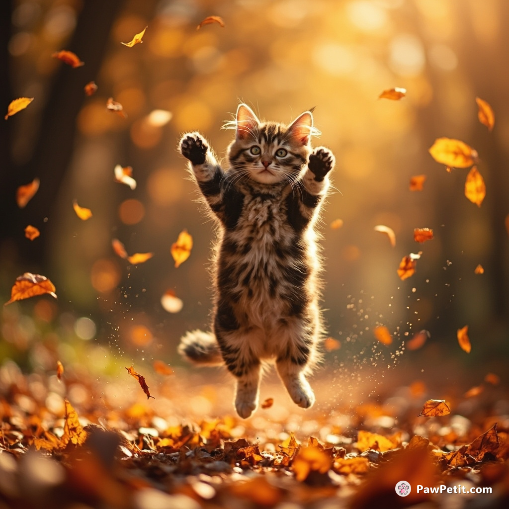 The cat leaps wildly, swatting at falling leaves like a frenzied dancer in a vibrant autumn ballet.
