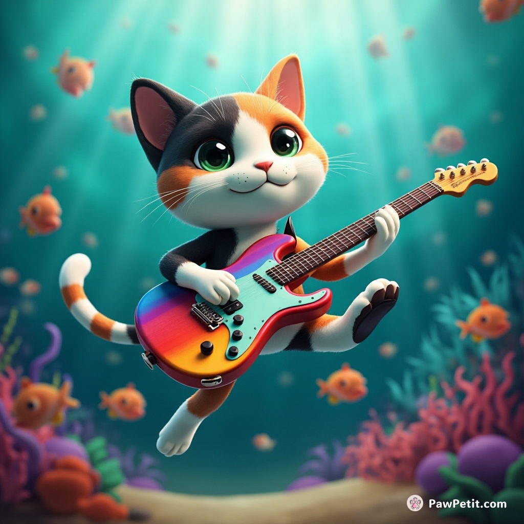 A calico cat playing a rainbow colored electric guitar in an underwater rock band performing for fish.