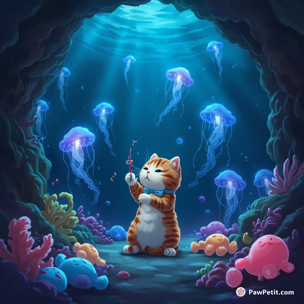 A cat conducting a symphony of squeaky toys in an underwater cave illuminated by glow-in-the-dark jellyfish.
