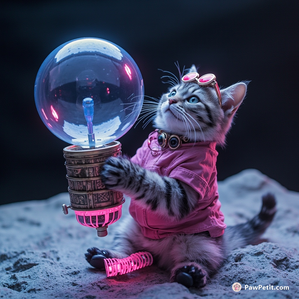 Steam-punk Cat elegantly operating an oversized bubble-blowing contraption on the Moon.