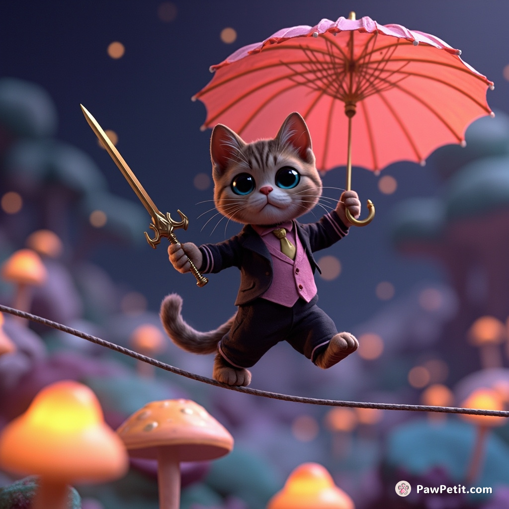 A sophisticated cat, deftly prancing atop a tightrope strung over an alien landscape of twinkling bioluminescent mushrooms, brandishing a colourful cocktail umbrella as if it were a gilded sabre.