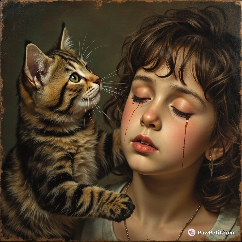 **Purring at a human's tearful eyes, the cat bats at falling tears, mistaking them for playthings.**