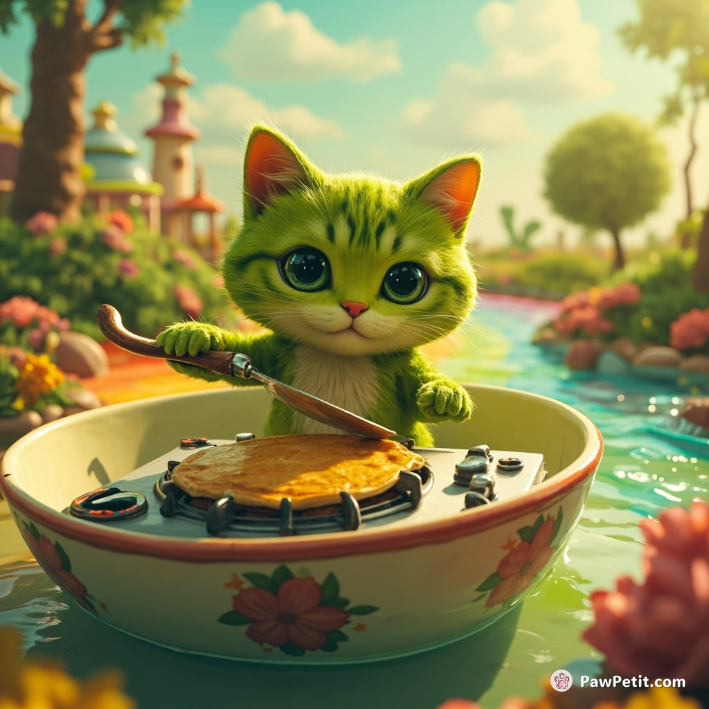 A lime green cat flipping pancakes on a solar-powered stove in the middle of a giant teacup floating downstream on an aquatic rainbow.