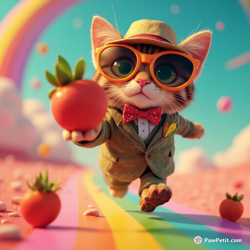 A sophisticatedly dressed cat using starfruit as currency while strutting on a rainbow highway in zero gravity.