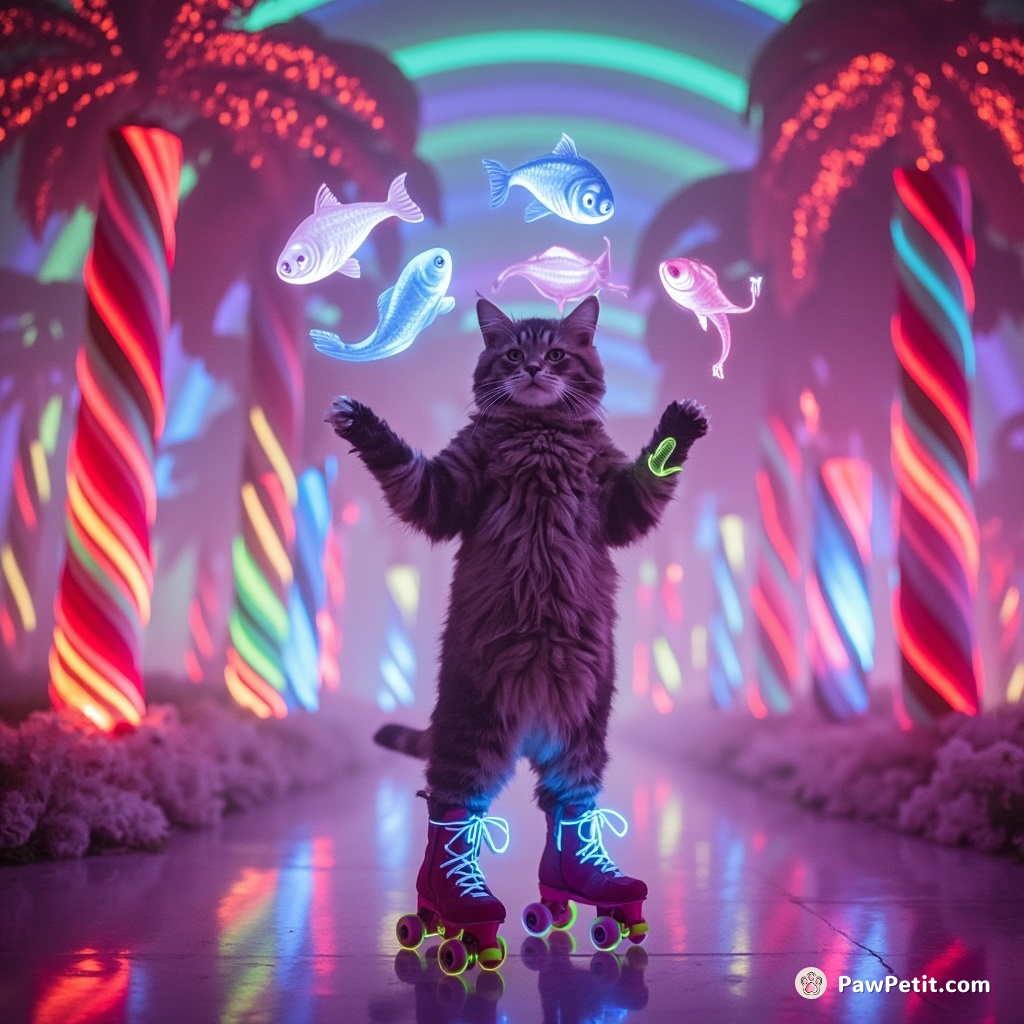A cat wearing neon roller skates, juggling glowing fish under a candy cane rainbow in a forest of crystal trees.