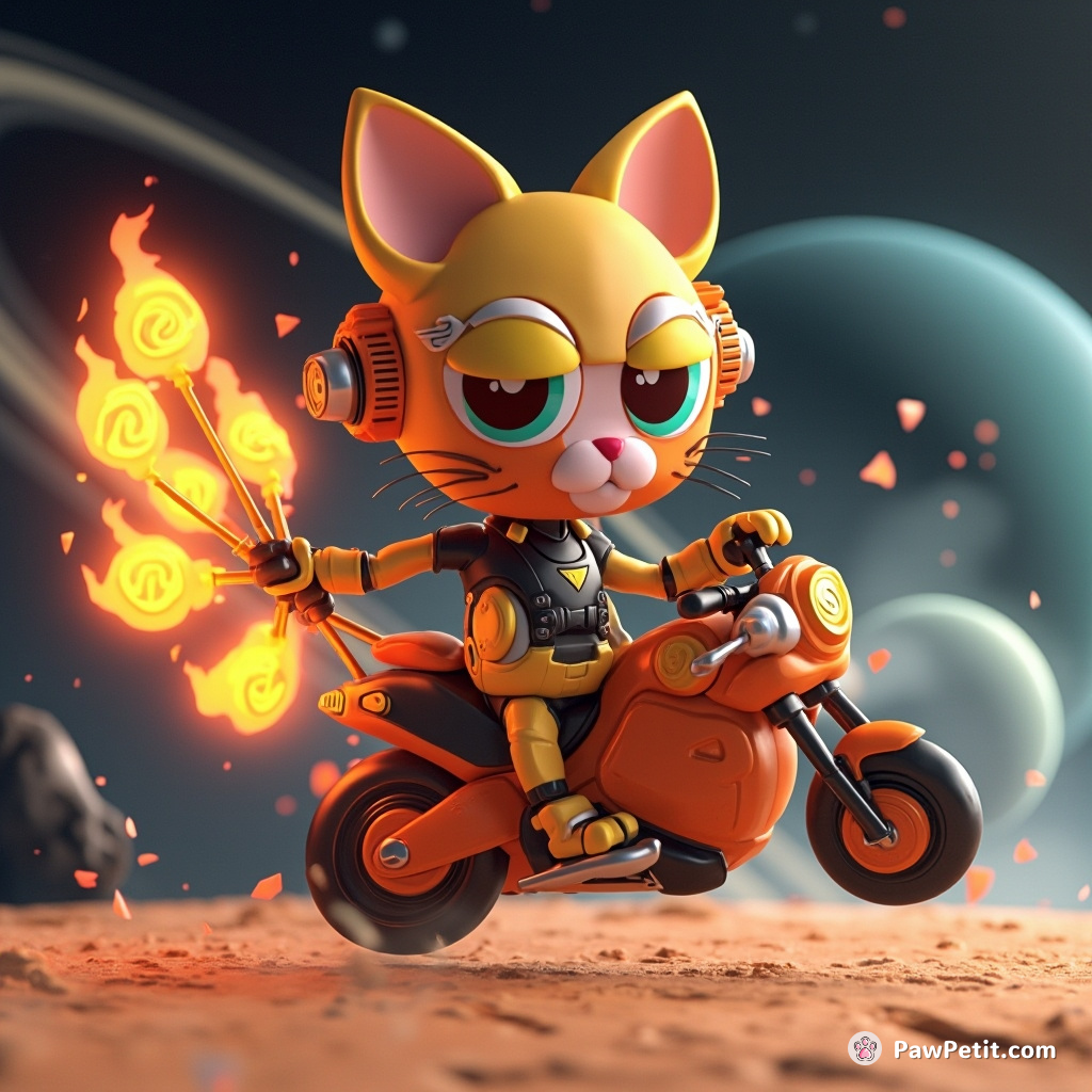 A cybernetic cat balancing eight flaming lollipops on its tail, while driving a candy corn motorcycle across the rings of Saturn.