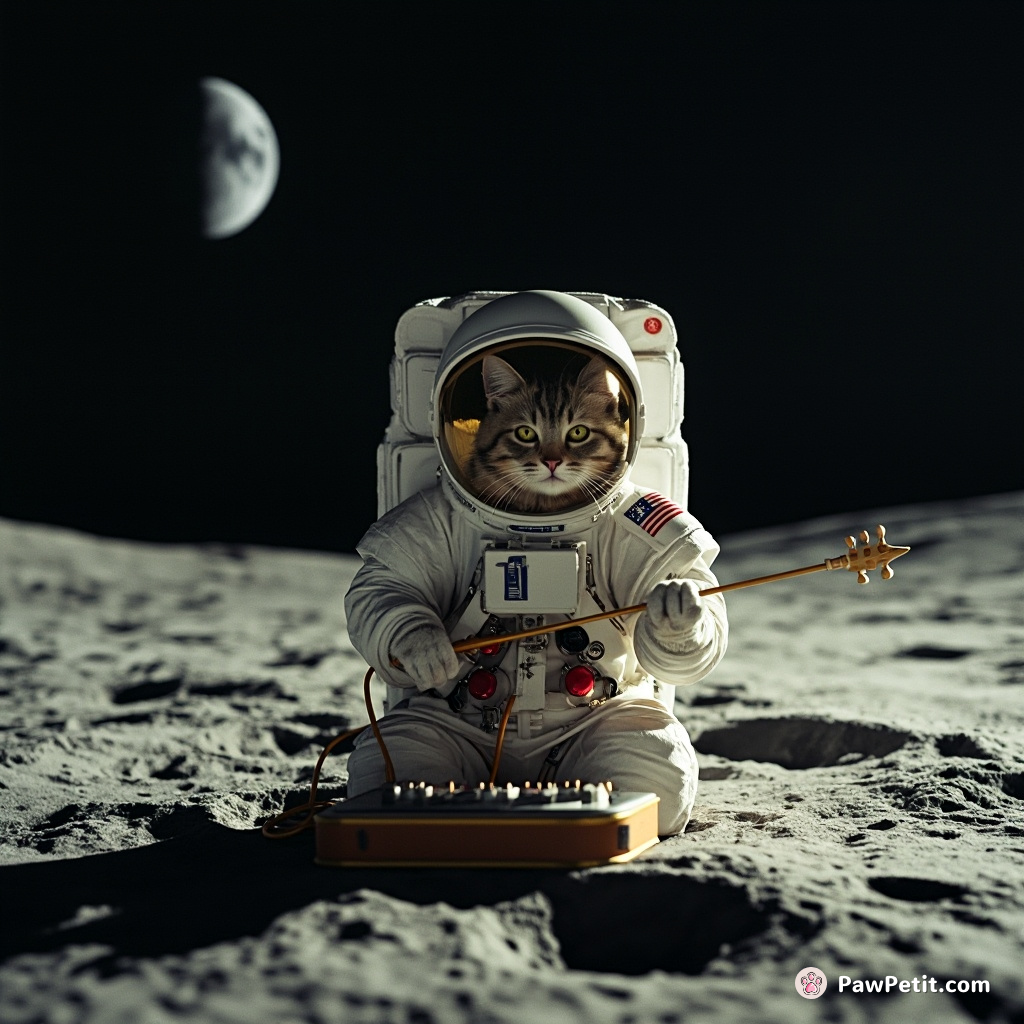 Cat in astronaut gear playing a theremin on the dark side of the moon.