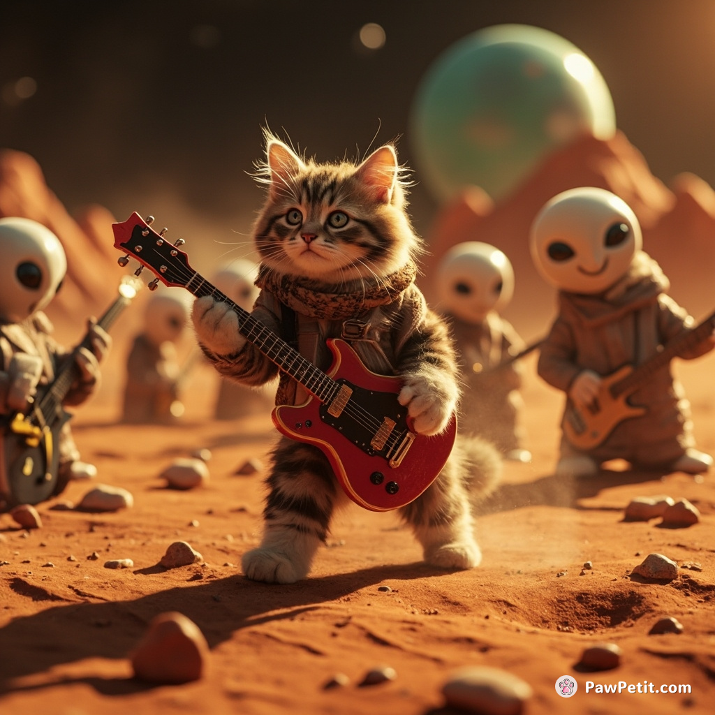 Cat leading a rock-and-roll insurrection on Mars amidst penguin-sized aliens and star-shaped guitars.