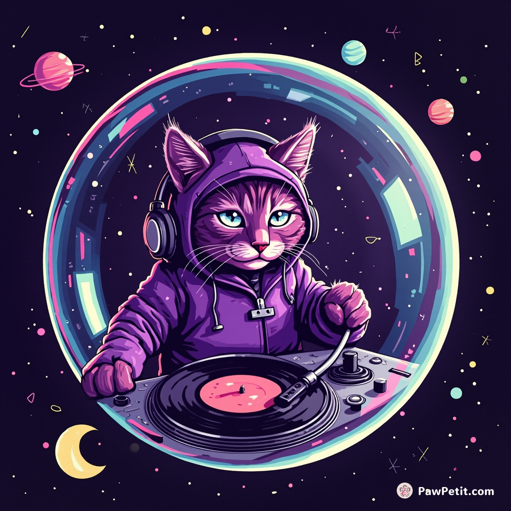 A purple, punk-rock cat DJ spinning vinyl records inside a floating bubble in outer space.