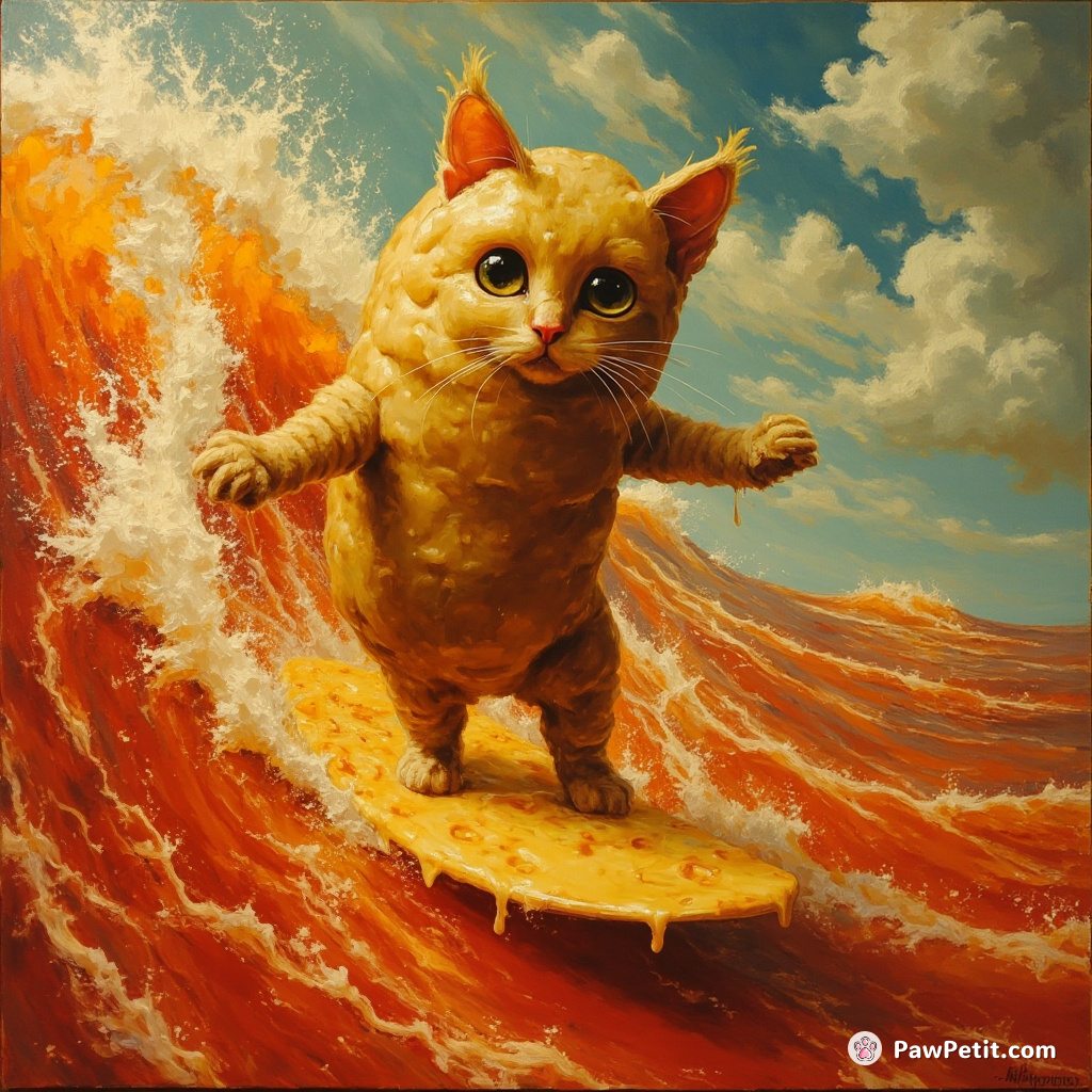 A potato-headed cat surfing molten cheese waves on a baguette board in an ocean of tomato soup.
