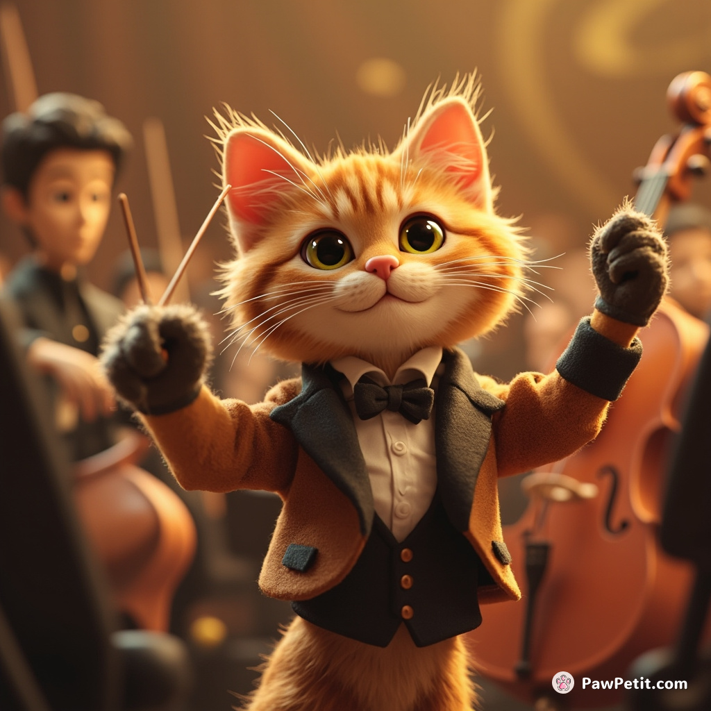 The cat confidently conducts a symphony orchestra, beating rhythm with paw inhaled baton while outpacing any human maestro.