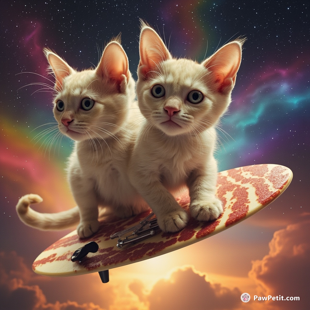 A three-headed cat playing a theremin on a levitating, creamy-bacon flavored surfboard under a rainbow in the nebula.