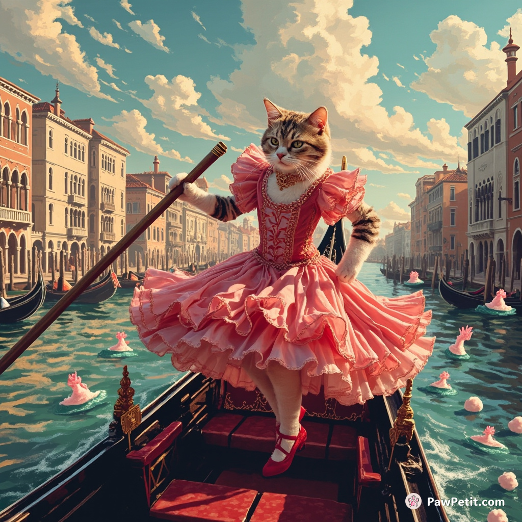 A flamenco-dancing cat in a frilled gown and red satin shoes, steering a gondola through mermaid-infested Venetian waters under a cotton candy sky.
