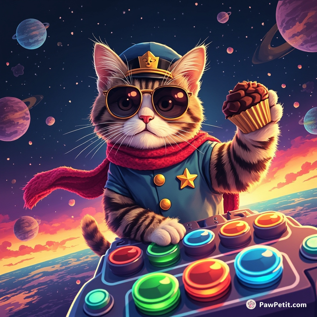 Captain Muffins, a tabby cat, initiating light-speed uncannily with a swift paw swipe on vivid intergalactic controls.