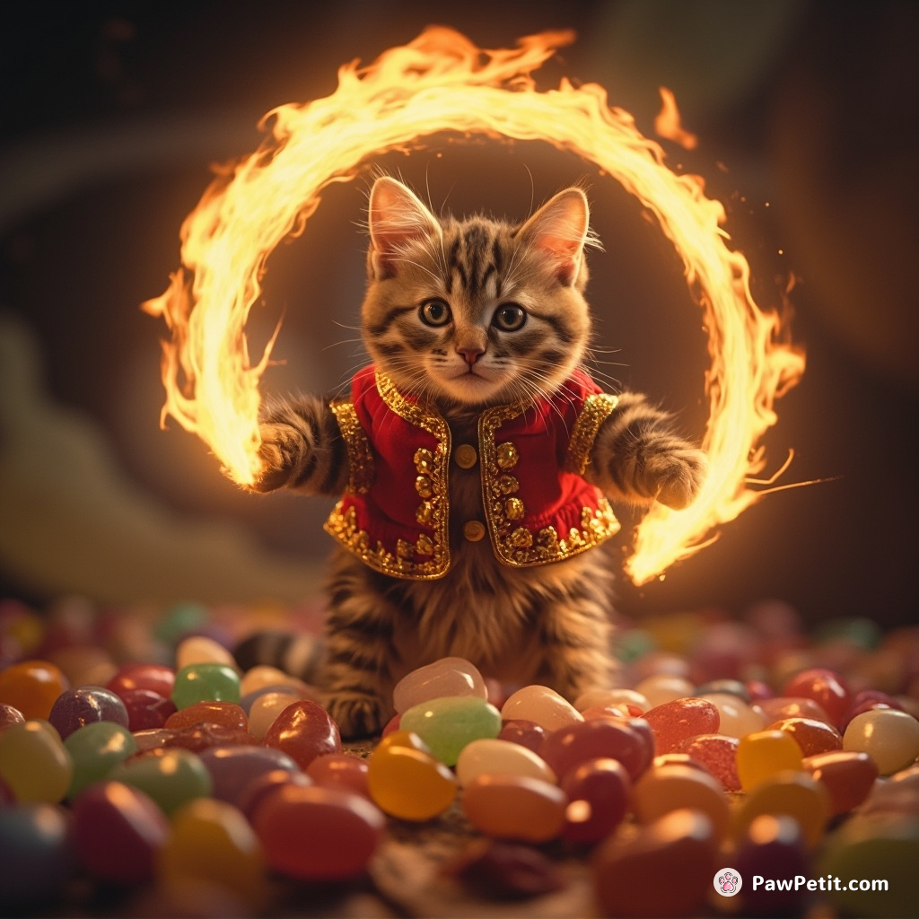 Firespinning cat performing in a circus floating on jelly beans, with Saturn as its stage backdrop.