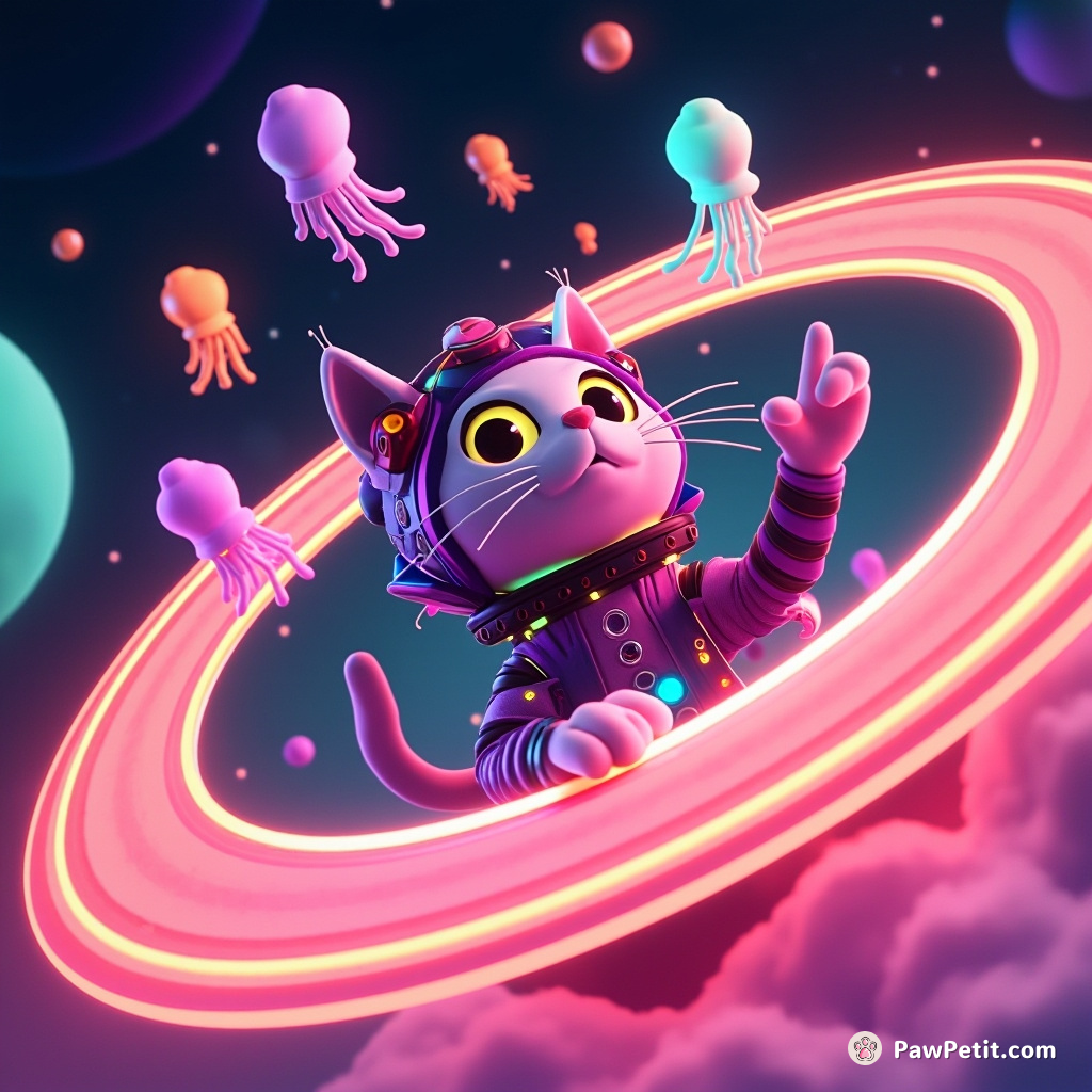Cybernetic cat juggling neon squid on the rosy rings of Saturn.