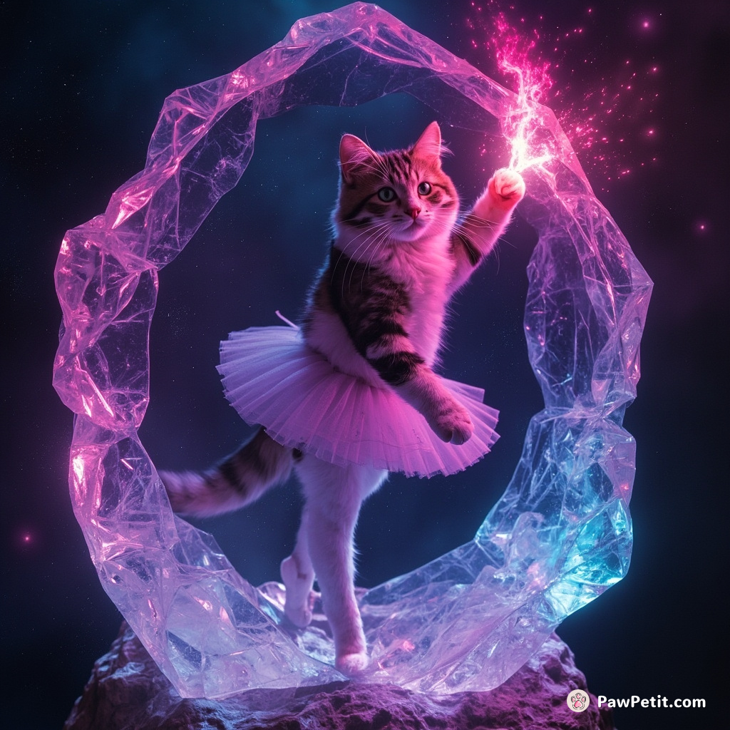 A suspicious calico cat forging divine cataclysmic spells inside an ancient quartz crystal in outer space while ballet dancing.