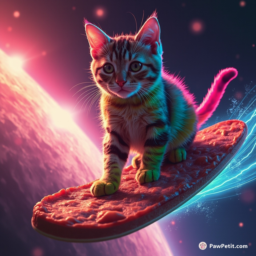 A rainbow-colored cat surfing on a slice of bologna through a spacetime supernova.