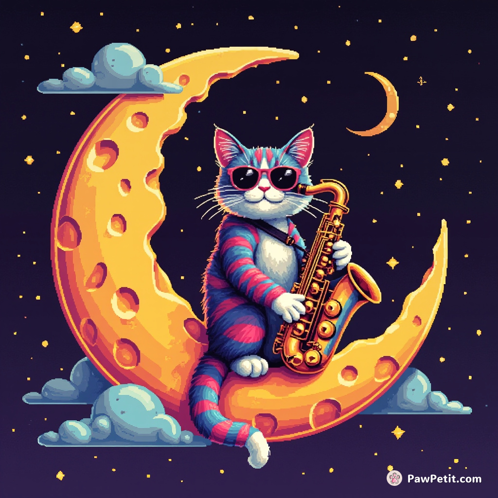 A technicolor cat playing a saxophone on a floating cheese moon.