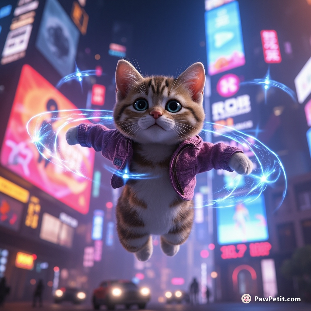 A cat leaps from holographic billboards to magnetic rooftops, deftly dodging autonomous drones in a neon-lit metropolis.