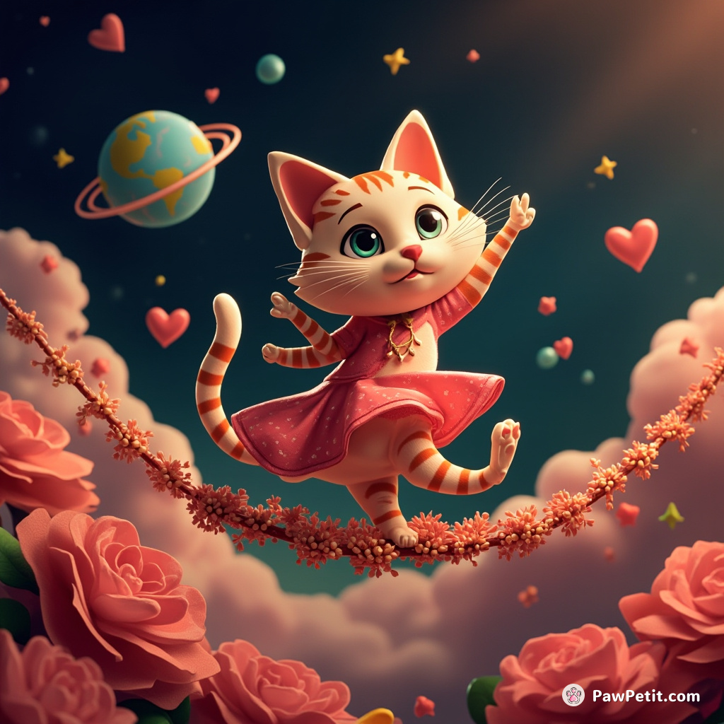 Cat dancing flamenco on a floral tightrope in space.