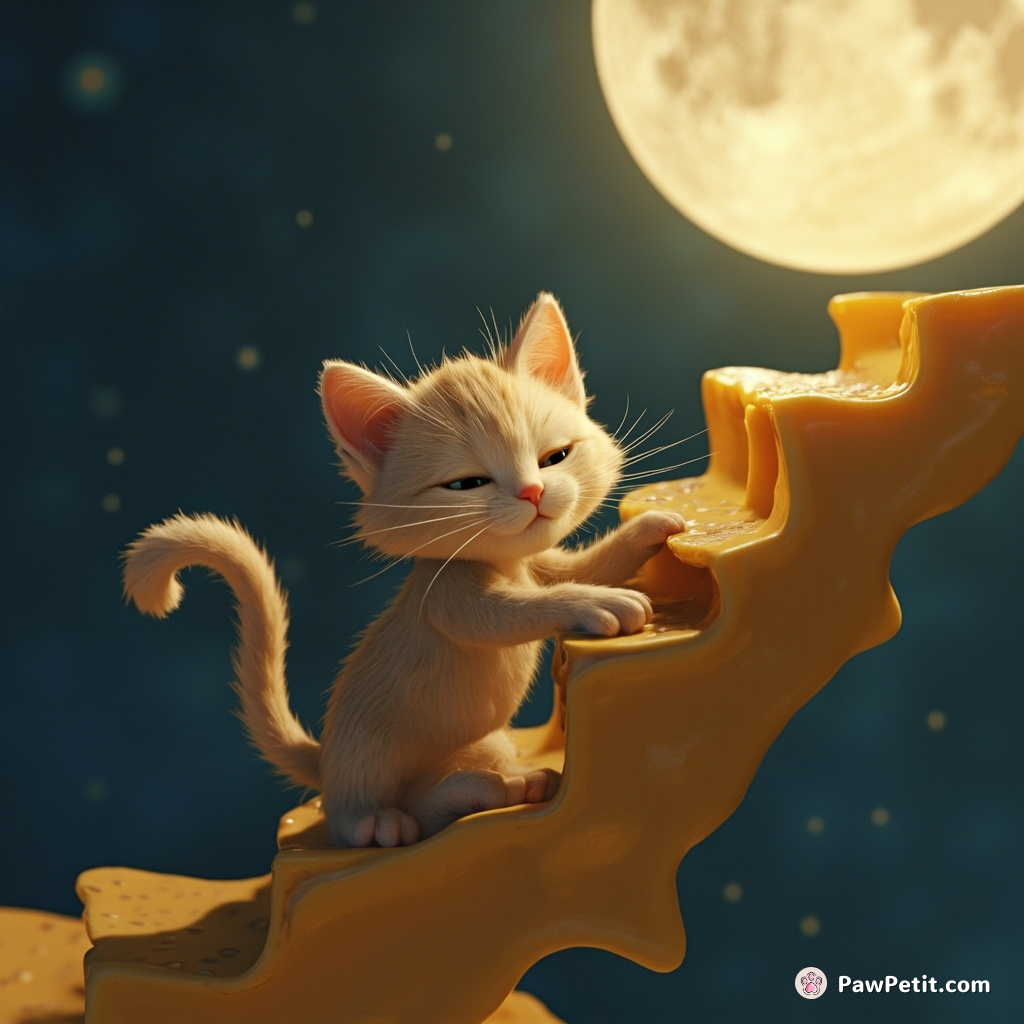 Cat playing piano made of cheese on stairs to moon.