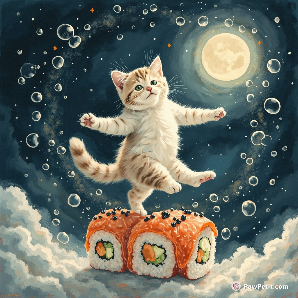 Cat performing an intense ballet routine, surrounded by floating caviar bubbles, on top of a giant sushi roll under moonlit galaxy sky.