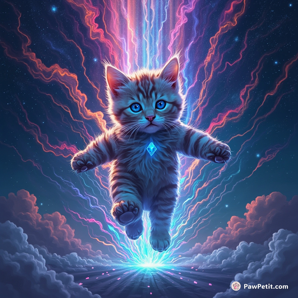 In the simulated realm, the feline leaps through pixelated auroras, unraveling the fabric of its digital existence.