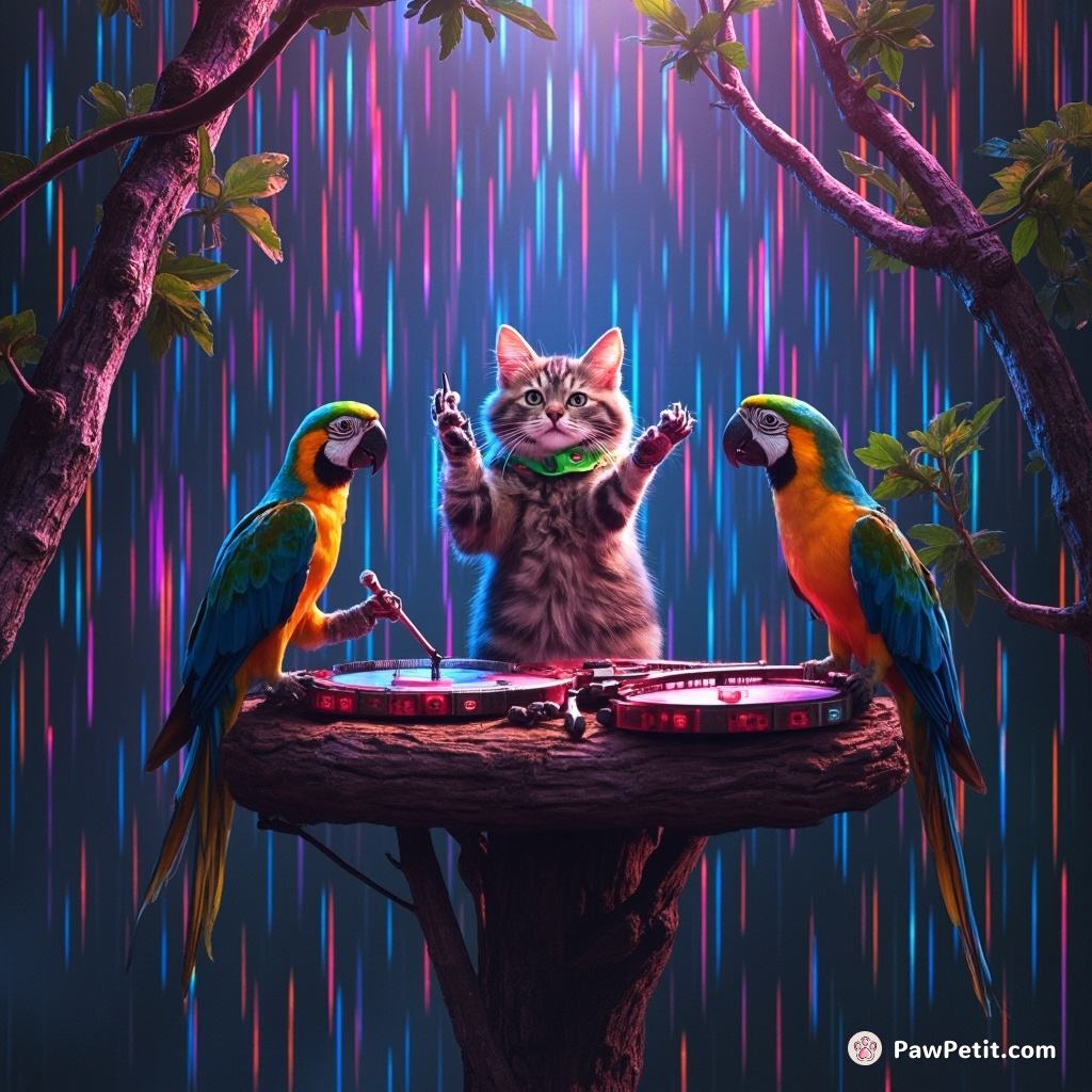 Cat conducting an orchestra of parrots in a treehouse concert amidst multi-coloured rain shower.