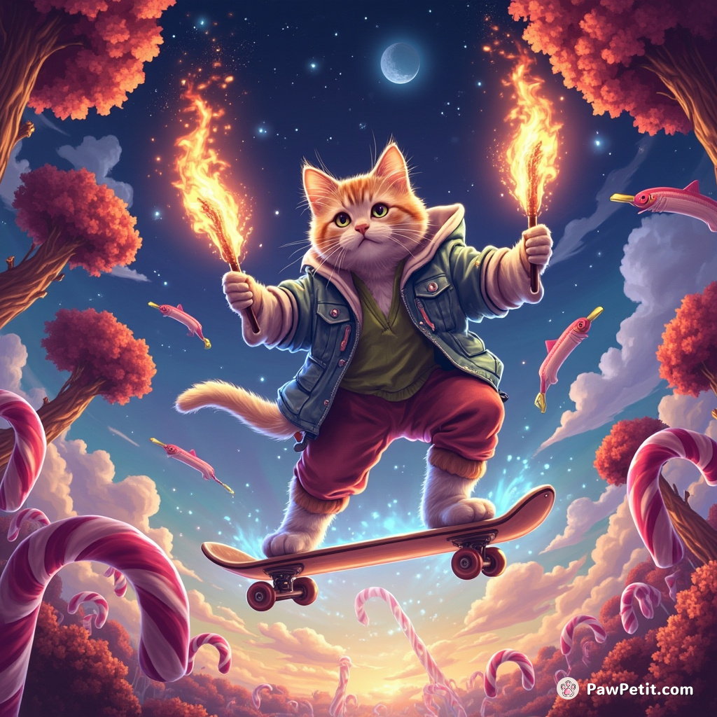 A holographic cat juggling flaming fish sticks while skateboarding on rainbows in a zero-gravity candy cane forest.