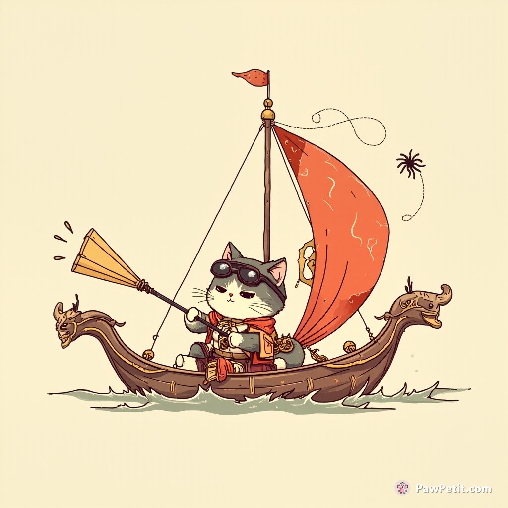 Steampunk cat using a zongzi launcher on a dragon boat, sails festooned with spider silk.
