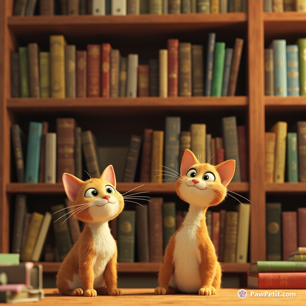 Cats stealthily rearrange bookshelves, swapping self-help for treat recipes, while humans remain blissfully unaware of feline schemes.