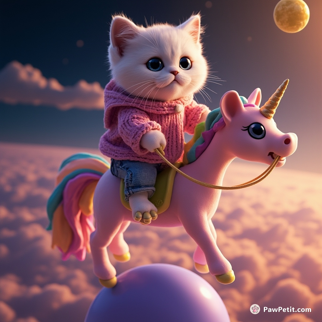 A pink-furred cat, astride a rainbow-colored unicorn, reverse-lassoing a moon made of cheese on Neptune.