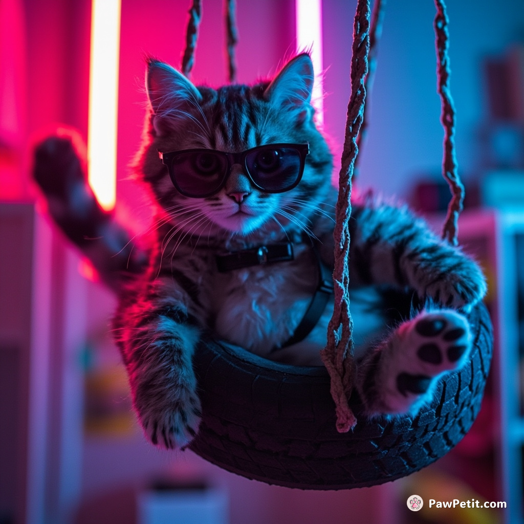 Clad in mini sunglasses, the feline daredevil attempts a wild tire swing leap, recklessly defying household comforts.