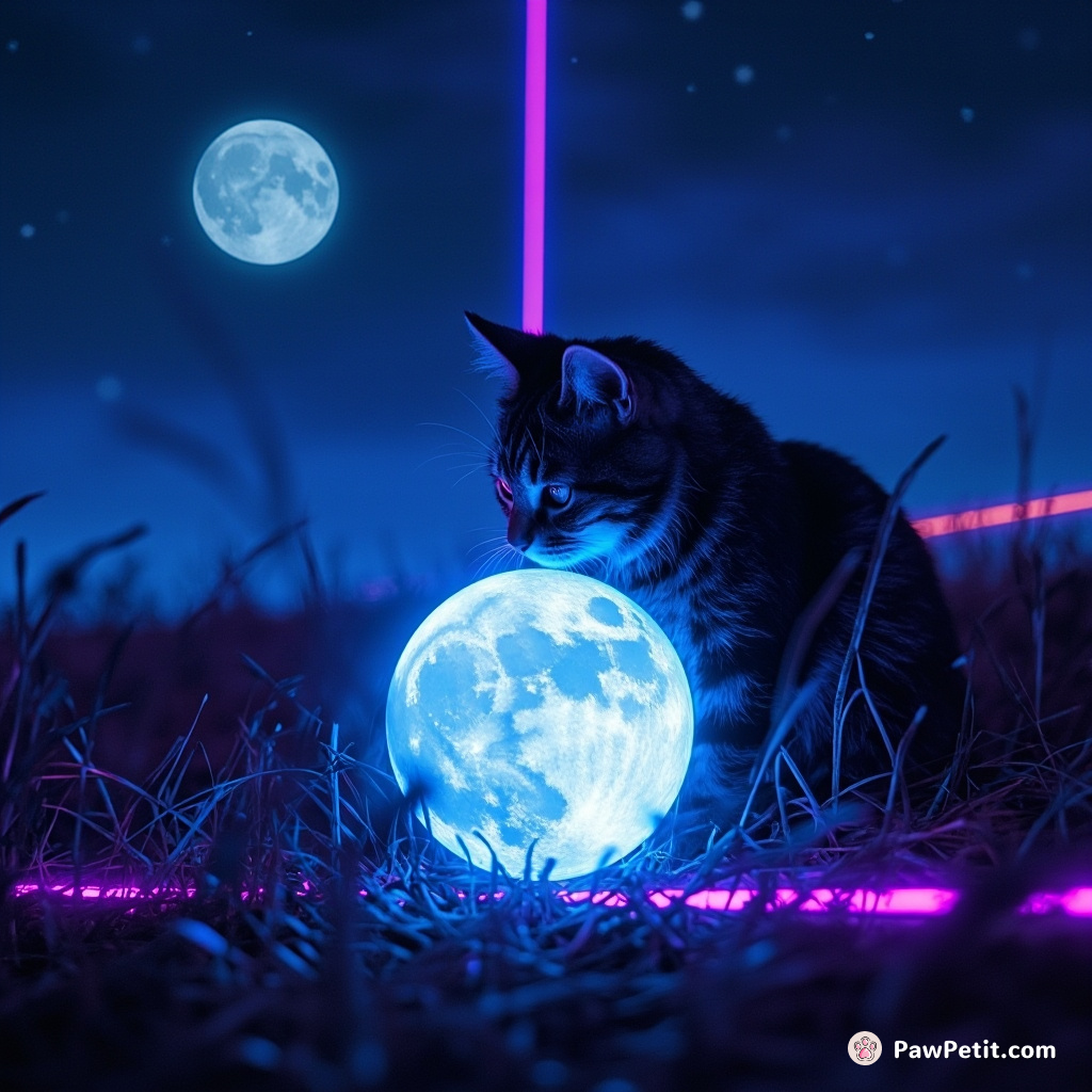 Cat unraveling a ball of moonlight on neon grass under a mirrored night sky.
