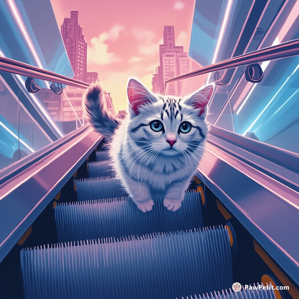 Sleek cat effortlessly glides down AI-controlled escalators, tail twitching in sync with city's neon pulse.