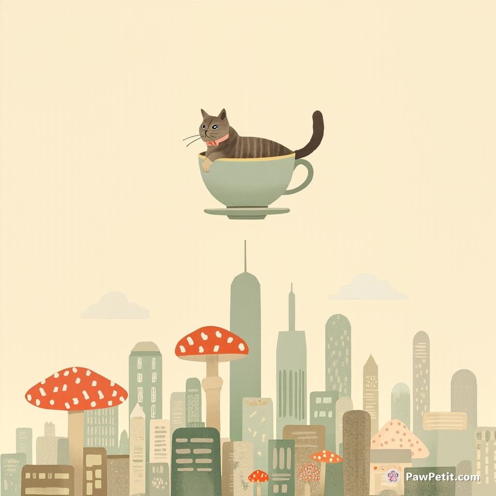 Cat elegantly floating in a teacup over a city of mushroom skyscrapers.