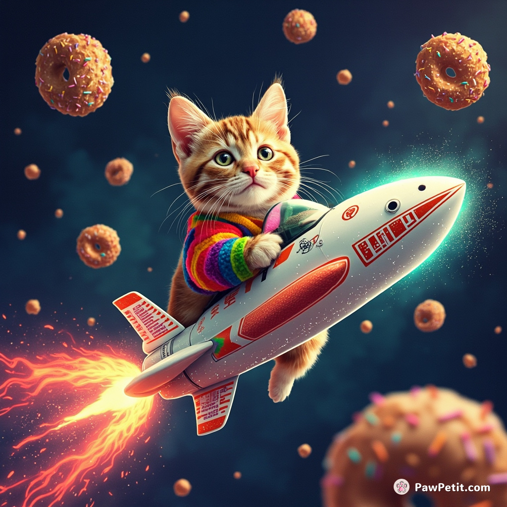 A rainbow-striped cat controlling a twinkling starship, dodging asteroid sprinkled donuts in deep space.