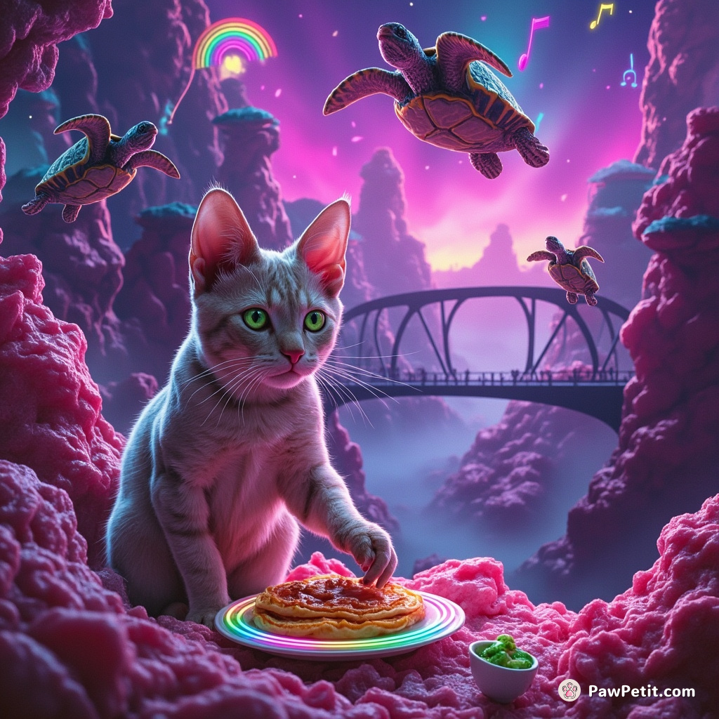 A green-eyed sphynx cat cooking neon pancakes in a bridge made entirely of bubblegum, while floating turtles blow rainbow musical notes sousaphones overhead during an aurora borealis.