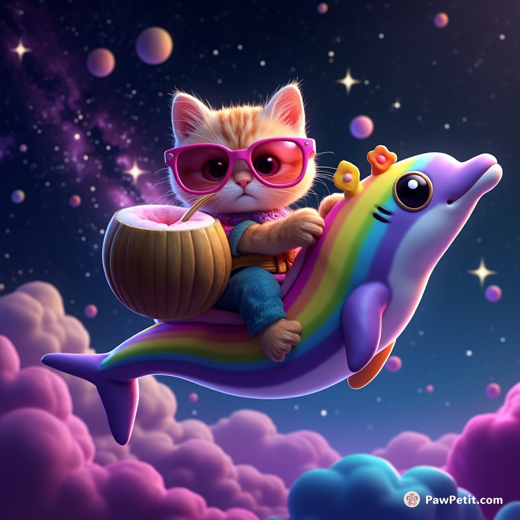 Cat riding a rainbow-colored dolphin through the Milky way galaxy, wearing hot pink sunglasses and sipping from a cosmic coconut.