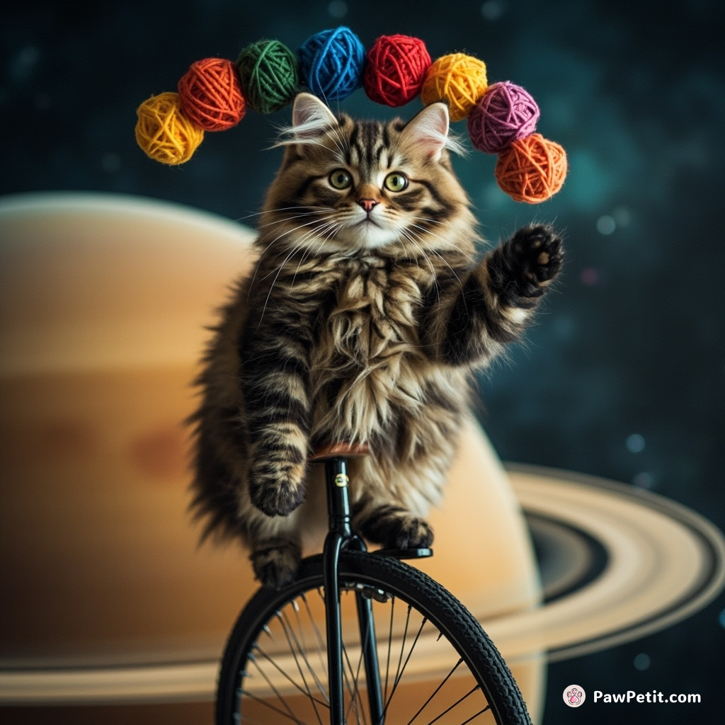 Cat juggling a rainbow of yarn balls while riding a unicycle on the rings of Saturn.