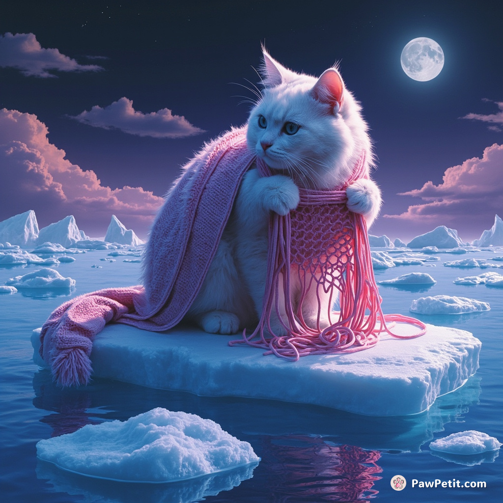 Giant cat using spaghetti strands to knit a blanket atop a floating iceberg.