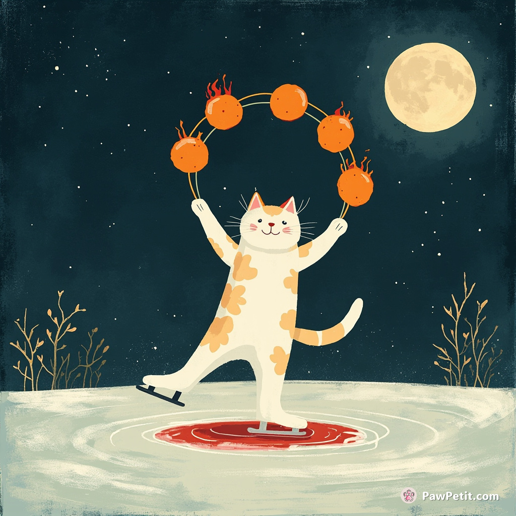 A gymnastic cat juggling fiery oranges while ice-skating on a sea of raspberry jam in moonlight.