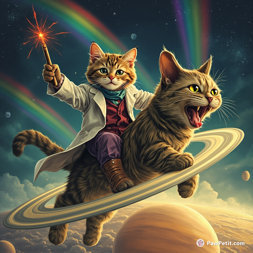 Cat riding newt in lab coat menacingly wielding wand on Saturn's ring under rainbows.