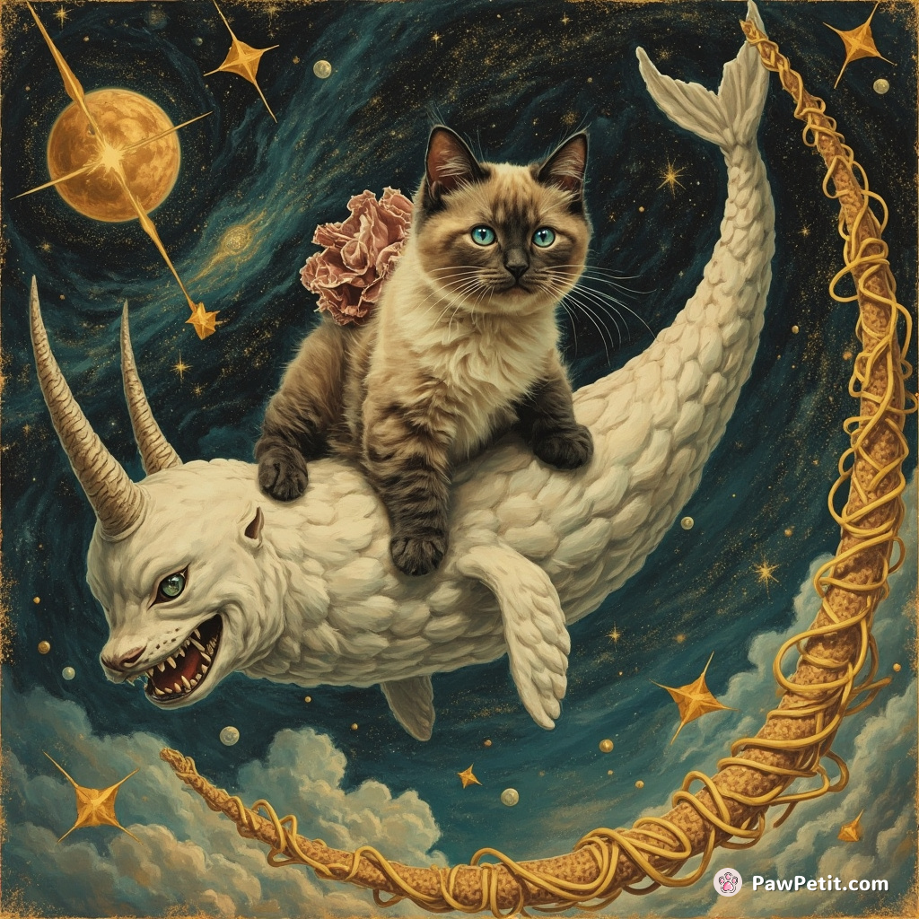 A sleek Siamese cat astride a laconically grinning narwhal, freestyle flying through loops of cosmic spaghetti in an alternate Victorian universe.