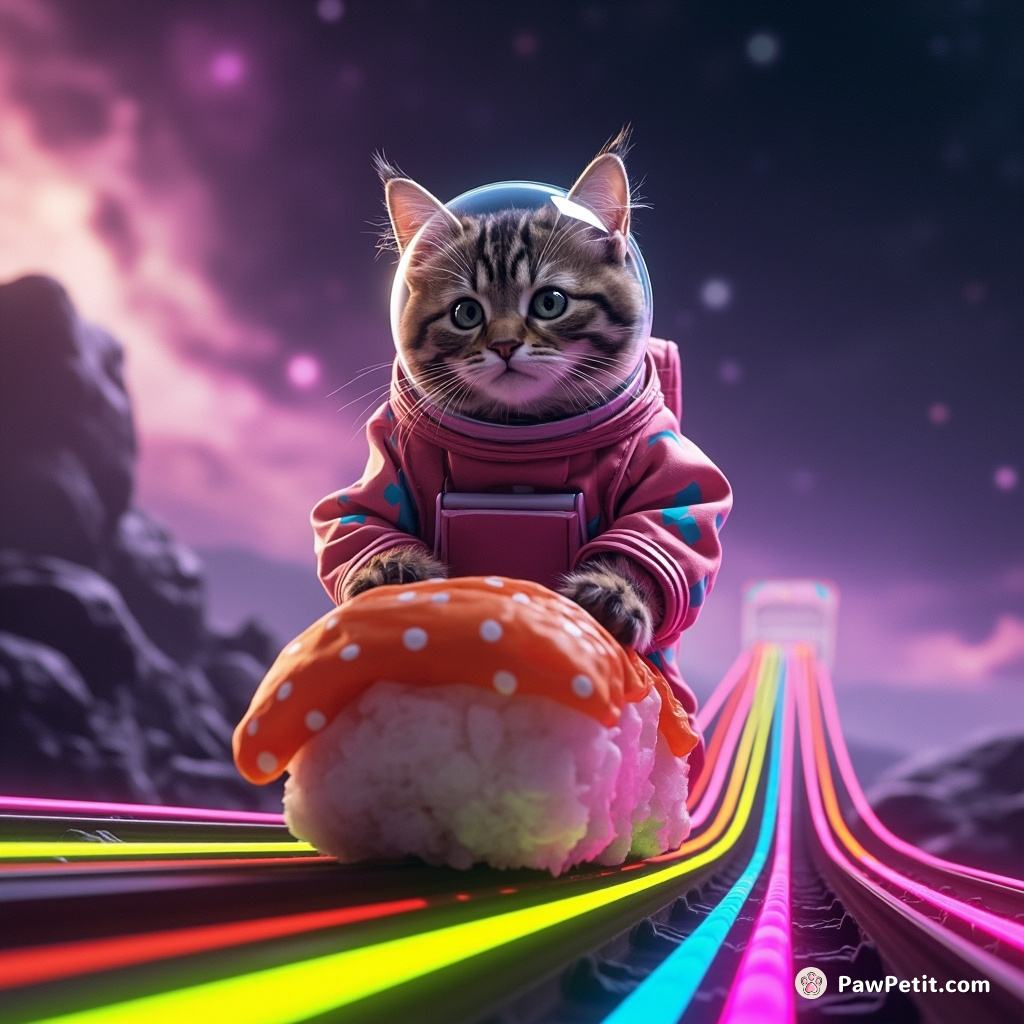A cat wearing a polka-dot spacesuit riding a neon sushi roll through rainbow railroad tracks in the cosmos.
